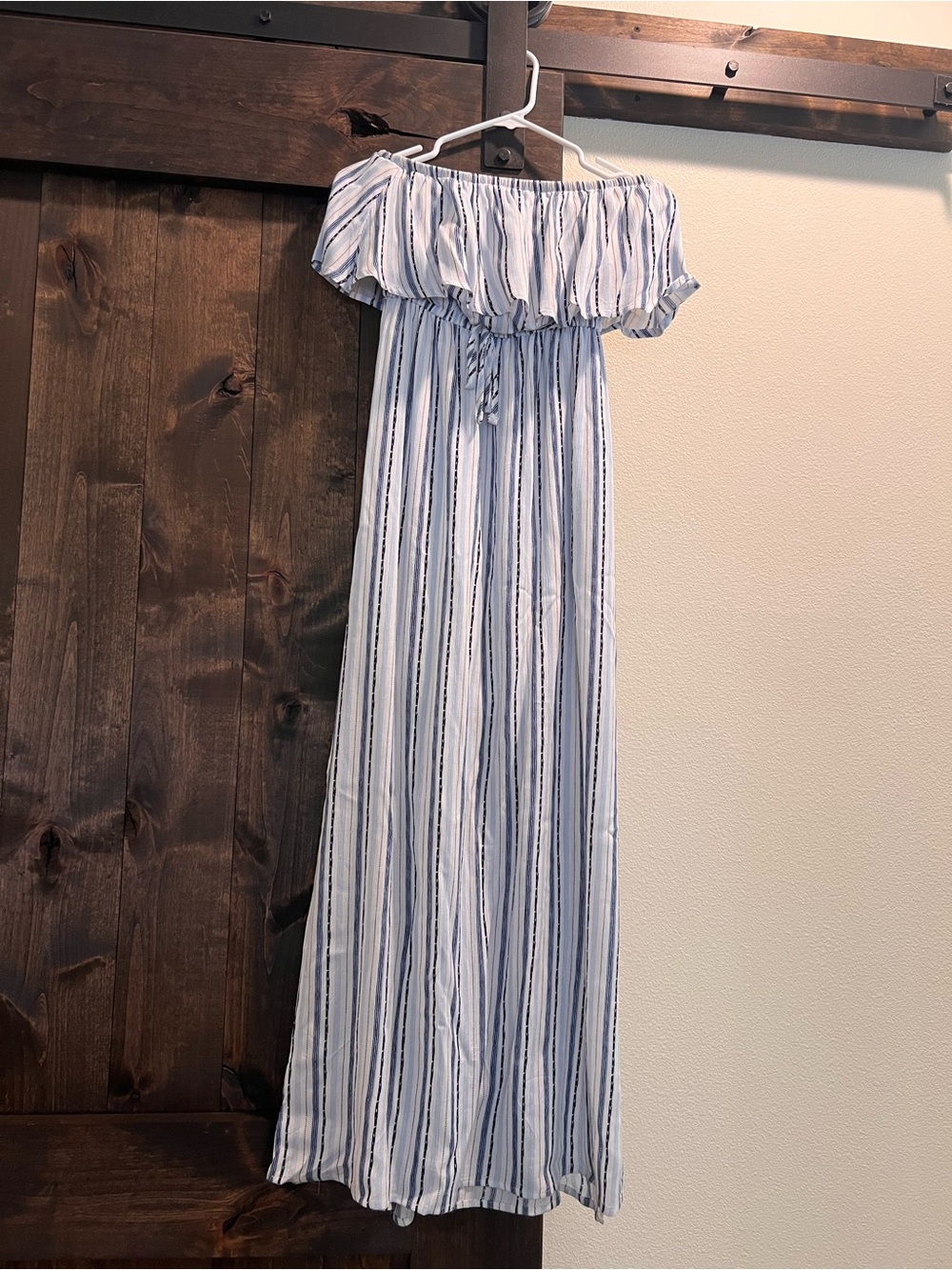 Forever 21 Blue & White Striped Off-Shoulder Maxi Dress